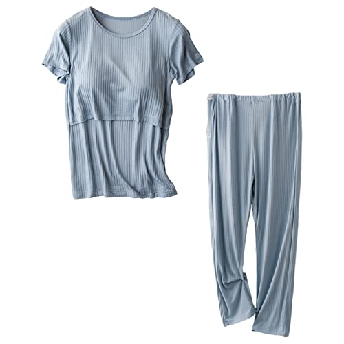 aromm Set Pigiama Donna Premaman Maniche Corte Camicie Infermieristiche Top e Pantaloni Lunghi Casual Set Blu,M