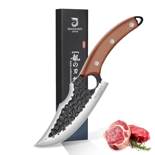 DRAGON RIOT Wikinger-Messer zum Fleischschneiden, Geschmiedetes Japanisches Küchenmesser - Scharf Grillmesser, Japanisches Messer für Küche und Outdoor BBQ, Geschenkidee für Männer (Ohne Scheide)