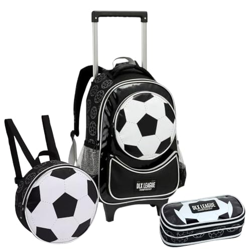 Kit Mochila De Rodinhas Lancheira Estojo DLX League Futebol