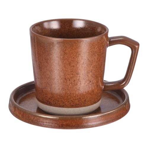 Image of METALLIXITY 14 oz Cappuccino Cup with Saucer, Ceramic Coffee Mugs, Brown