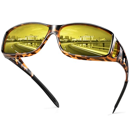 URUMQI Night Vision Driving Glasses Fit Over Eyeglasses for Men Women Anti Glare Polarized Nighttime Glasses Yellow Lens