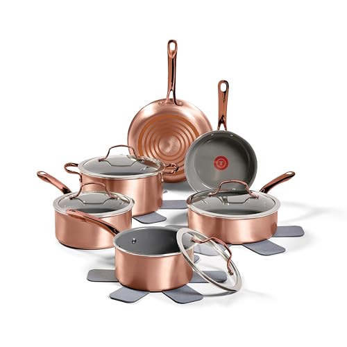 T-fal Preserve Ceramic, Non stick Cookware Set 13-Piece, Oven & Broiler Safe up to 350°F, Includes Stockpot, Saucepans, Frying Pans, Protectors, Pots and Pans, Rose Gold