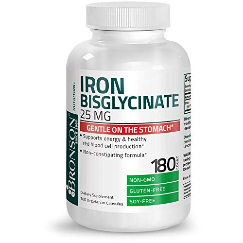 Bronson Iron Bisglycinate 25 Mg Gentle On The Stomach, Supports Energy & Healthy Red Blood Cell Production - Non-Constipating Formula - Non Gmo, 180 Vegetarian Capsules #TOP4