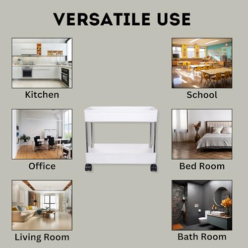 Image of 2 Tier Storage Rack, Kitchen Trolley, Storage Cart with Wheels, Rolling Storage Cart, Kitchen Storage Rack, Multipurpose Trolley (White)