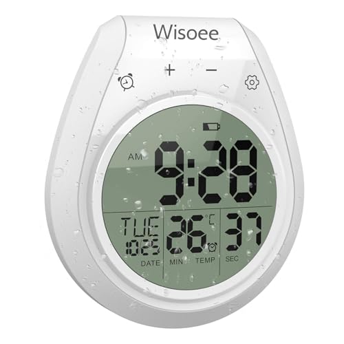 Wisoee Shower Clock Waterproof Bathroom Timer, Kitchen Wall Clock with Countdown, Temperature, Suction Cup, Battery Operated Digital Clock for Bath, Cook