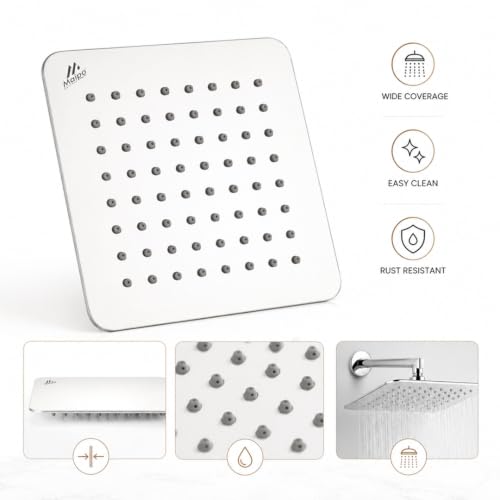 Image of Maipo Koller 4 Inch Square Rain Shower Head, Stainless Steel High Pressure Overhead Bathroom Shower, Chrome Finish, Anti-Clog Silicone Nozzles, Easy Installation