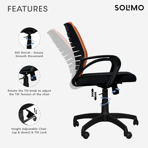 Image of Amazon Brand - Solimo Sitly Mid Back Revolving Office Chair for Work from Home, Study, and Computer Use | Heavy Duty Base | Ergonomic Mesh Design | Durable & Comfortable Seating (Orange Mesh)