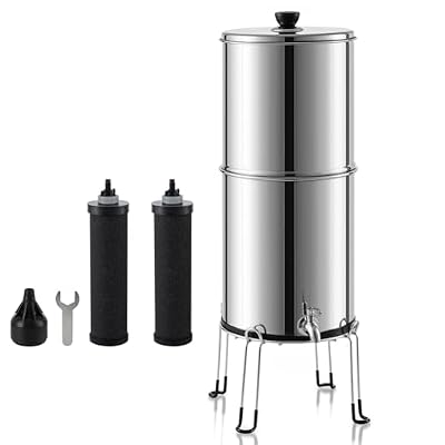 Mstge Gravity Water Filter System, 2.25 Gallons Gravity Water Purifier System, 304 Stainless Steel Countertop Water Filter System with 2 Black Carbon Filters and Stand