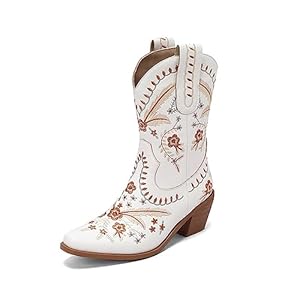 OTMYIGO Vrouwen Enkellaars Geborduurde Hoge Hak Western Cowboy Laarzen Vrouwelijke retro Slip-On Korte Laarzen Ronde Hoofd Plus Size Mid Kuit Laarzen