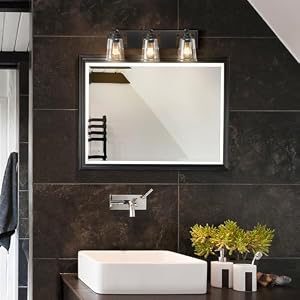 Globe Electric 51852 Warsaw 3-Light Vanity Light, Matte Black, Dark Faux Wood Accents, Clear Seeded Glass Shade, Bulb Not Included Globe Electric 51852 Warsaw 3 Light Vanity Light Matte Black Dark Faux Wood Accents Clear Seeded Glass Shade Bulb Not Included