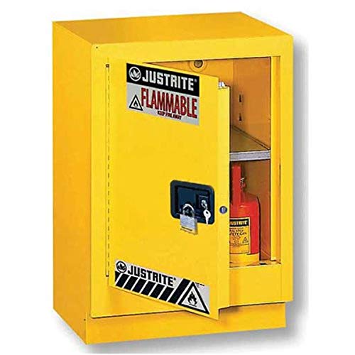 Image of Justrite 18 Gauge Steel 1 Door Self Close Under Fume Hood Flammables Safety Storage Cabinet with Left Hinge, 15 Gallon Capacity, 24 inch x 35-3 /4 inch x 21-5 /8 inch, Light Neutral, Made in The USA, 882437