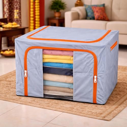 Image of DecorTwist Cloth Storage Organiser Box with Zipper Window | Foldable Wardrobe Storage | Dustproof & Stackable Style 15 (Style 4, Pack of 1)