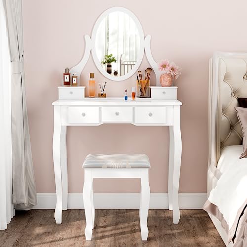 Alohappy Makeup Vanity Set with Mirror and Stool, Vanity Table and Cushioned Stool Set with 5 Drawers, Modern Makeup Dressing Table for Makeup Room, Bedroom
