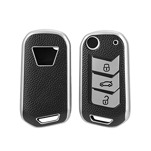 Image of Keyzone Leather TPU Key Cover Compatible for Mahindra Thar, Bolero, Scorpio, XUV700, XUV400, XUV300, TUV300, Marazzo 3 Button flip Key (Black)