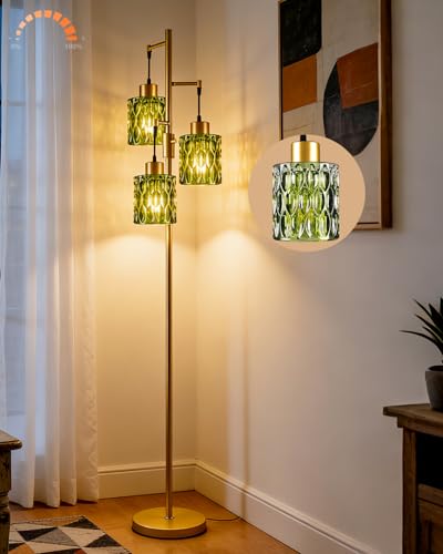 Image of Lightdot 67 inch 3-Light Glass Floor Lamp for Living Room, Dimmable with Green Glass Shade & E12 Bulbs Included, Mid Century Standing Tall Lamp with 5Lbs Heavy Base for Bedroom /Sofa Beside /Corner - Gold