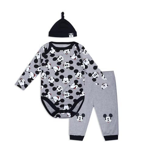 Image of Disney Mickey Mouse Boys’ Long Sleeve Bodysuit, Cap and Jogger Set for Newborn – Grey/Black