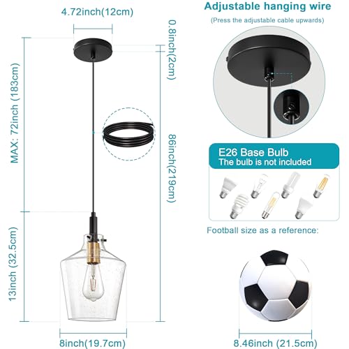 Image of Seeded Glass Pendant Lighting for Kitchen Island 1 Pack Black Gold 8 Inch | Adjustable cord Dimmable, E26 bulbs, Rust-resistant Damp Rated For Bathrooms, 5-Year Manufacturer Warranty, UL Certification