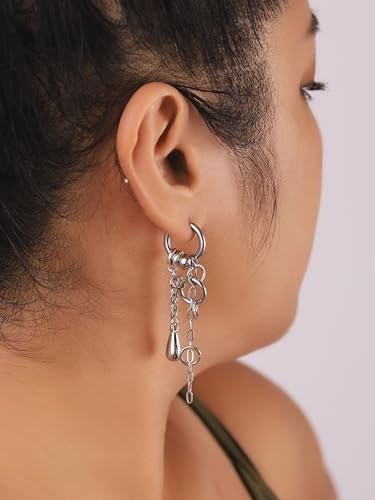 Sacina Gothic Punk Silver-tone Hoop Chain Earrings, Goth Emo Punk Grunge Earrings, Christmas Jewelry Gift For Women3