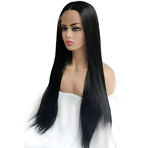 Auflaund Black Straight Lace Front Wig Long Silk Straight Black Wig Middle Part Replacement Synthetic Wigs For Women Natural Hairline Half Hand Tied Lace Wigs 160 Density Heat Resistant 24 Inch #TOP2
