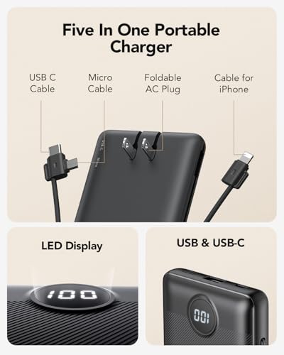 Portable Charger,Power Bank Built-in Cables and AC Wall Plug,VRURC USB C Portable Bank 10000mAh,Travel Essentials Phone Charger Compact Lightweight External Battery Pack for Smart Phones,Tablets-Black2