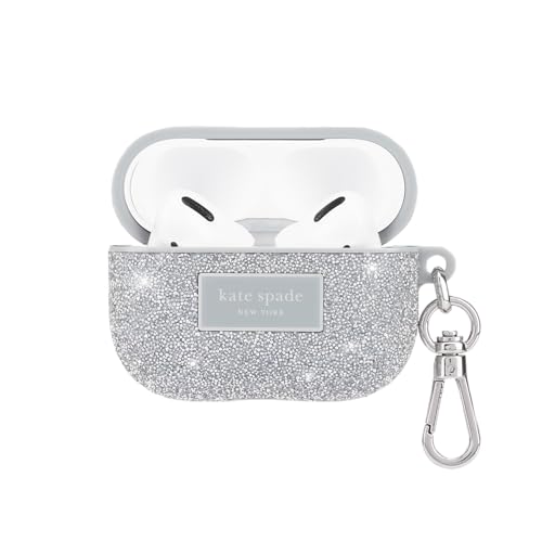 Image of kate spade new york AirPods Pro Protective Case with Keychain Ring - Crystal Pave Silver, Compatible with AirPods Pro 2nd / 1st Generation