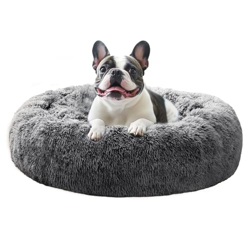 Image of JOLLYVOGUE Calming Dog Bed Medium Size Dog, Anti-Anxiety Donut Medium Pet Bed, 27 inches Fluffy Faux Fur Round Cat Bed (Smoke Black)