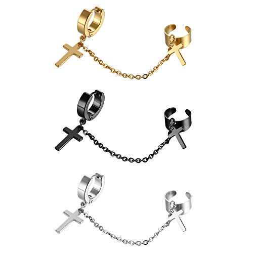 Aroncent Pendientes Aretes Acero Inoxidable Clip para Oreja sin Agujero Colgante Cruces Juego de Joya Chulo Hip Hop Rock para Hombre Mujer, Plata Negro Oro, 3Pares(6PCS)