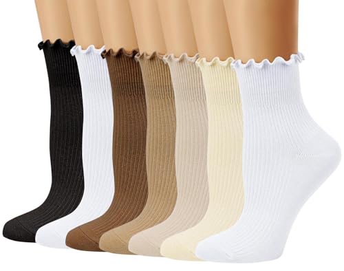 Women’s Ruffle Socks, Turn-Cuff Frilly Crew Socks for Women Girls Cotton Ankle High Mid Calf Socks 7 Pairs