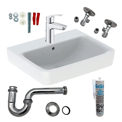 HGMBAD Geberit Waschtisch Waschbecken 55 cm Armatur Siphon Eckventil Komplettset Cover