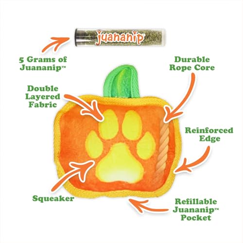Image of Doggijuana Tuffer Chewer Dog Toy, Jack O' Lantern | Fall Plush, Squeaky | Squeaky plush dog toy with calming Juananip catnip inside; eases anxiety, stress & boredom; durable interactive chew toy
