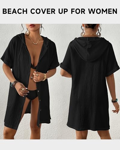 Bsubseach Cotton Swimsuit Cover Up For Women 2025 Button Down Hooded Shirt Short Sleeve Beach Cover Ups With Pockets3