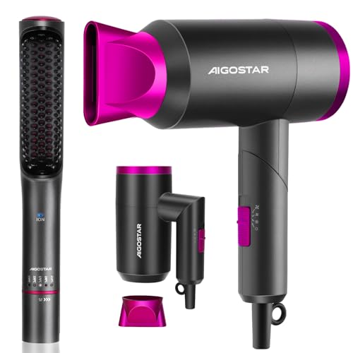 Aigostar Secador de Pelo y Cepillo Alisador Profesional, Kit 2 en 1 - Secador 1800W con Iones Negativos + Cepillo Alisador Anti-Frizz, Cabello Liso y Brillante, Color Gris y Rosa