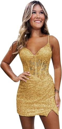 Loyeloy Short Sequin Corset Homecoming Dresses with Slit for Juniors 2025 V Neck Sparkly Sequin HOCO Dress Short Prom Dress for Teens Gold 4