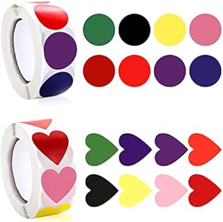 2 Rolls Coloured Stickers Dots, 1000PCS Sticky Coloured Heart Stickers Self Adhesive Labels (8 Colors)