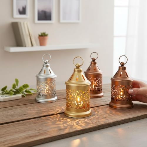 Image of Nucast Decor Metal Tealight Candle Holder Lantern, Gold, Set of 6