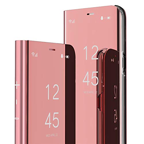 MEIKONST Huawei Honor 9X Case,PU Mirror Flip Ultra Slim Cover Scratchproof Clear View Window Built in Kickstand Protective Cover for Huawei Honor 9X/ Honor 9X Pro/Huawei Y9S,QH Mirror Rose Gold