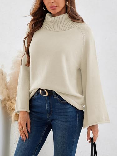 Angashion Womens Oversized Sweaters Turtleneck Pullover - Flared Long Sleeve Knit Sweater Light Fluffy Light Apricot Large