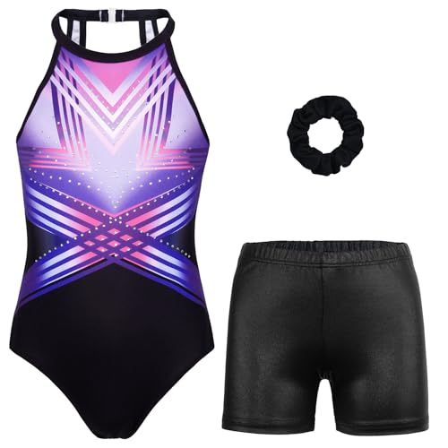 Gymnastics Leotards for Girls With Shorts Sparkly Ballet Dance Clasp Back Activewear Blue-purple Line Set 10-11 Years