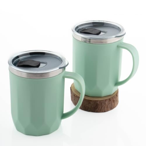 Image of MAGIC SPOON Stainless Steel Travel Coffee Mug with Sipper Lid & Handle, Insulated Tea Cup, BPA-Free Double Wall Tumbler for Hot-Cold Beverages, Office, Home, Car, Travel- Pista, (400ml X 2 Pack)