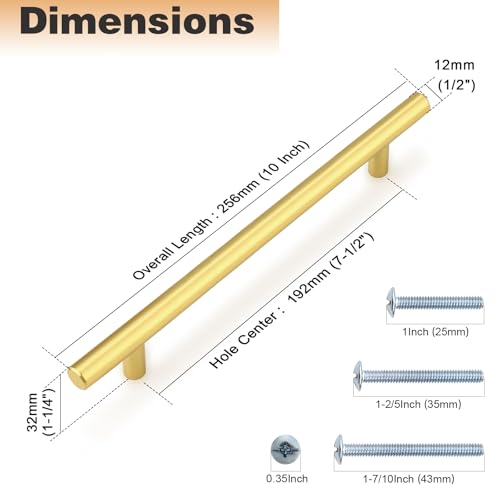 Image of Probrico 10 Pack 7-1 /2 Inch Center-to-Center Kitchen Cabinet Pulls T Bar Gold Cabinet Handles Modern Drawer Hardware Dresser Pulls, 10 inch Total Length