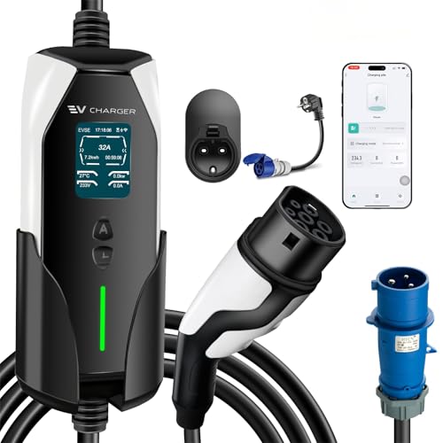 GUWIEYG Cable de Carga CEE Tipo 2, 7,2 kW, 6 m, 6 – 32 A, Corriente Ajustable, IEC 62196, Cargador EV portátil para PHEV/EV, Equipado con aplicación Inteligente