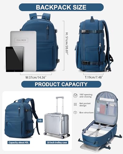 Large Travel Backpack for Women Men Waterproof Luggage Utility Backpack with USB Charging Port & Shoe Pouch Airline Approved Personal Item Travel Bag Mochila de Viaje(Blue)2