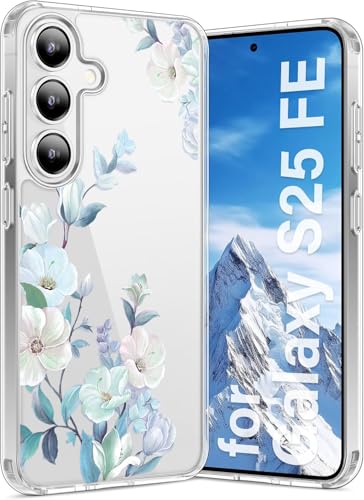 Image of Elzzi Clear Transparent Cover for Samsung S25 Fe 5G Case Shockproof Case Floral Design Full Camera Protection Shockproof PC Covers Transparent Flower Cover for Girls & Women (Blue)
