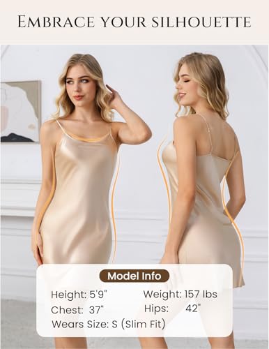 Image of THXSILK Women's Silk Nightgown, 100% Real 19 Momme Mulberry Silk Sleepwear Round Neck Spaghetti Strap Chemise Nightdress