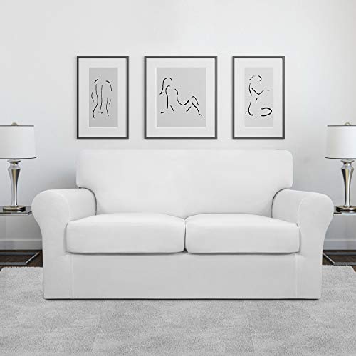 Image of Easy-Going 3 Pieces Stretch Soft Couch Cover for Dogs - Washable Sofa Slipcover for 2 Separate Cushion Couch - Elastic Furniture Protector for Pets, Kids (Loveseat, Snow White, Medium) | Sofa Slipcover for Stretch 2 Separate Sectional Cushion Couch - Furniture Protector for Pets, Kids Snow White