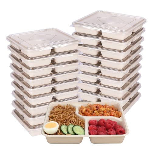 JAYEEY 37 OZ Bagasse 3 Compartments disposable plates with Lids 25 pack