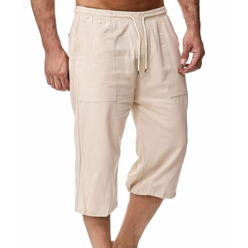 Linen Shorts for Men Casual Baggy Comfy Drawstring Elastic Waist Capri Pants Summer Vacation Beach Pants with Pockets