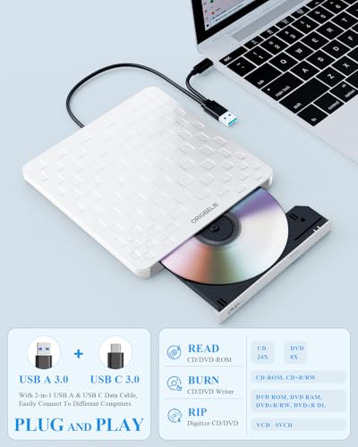 Image of External CD /DVD Drive for Laptop, Ultra Slim 13mm USB 3.0 Type-C Portable DVD Player CD Burner Reader Writer Recorder for Desktop PC Windows 11 /10 /8 /7 Linux Mac OS, White