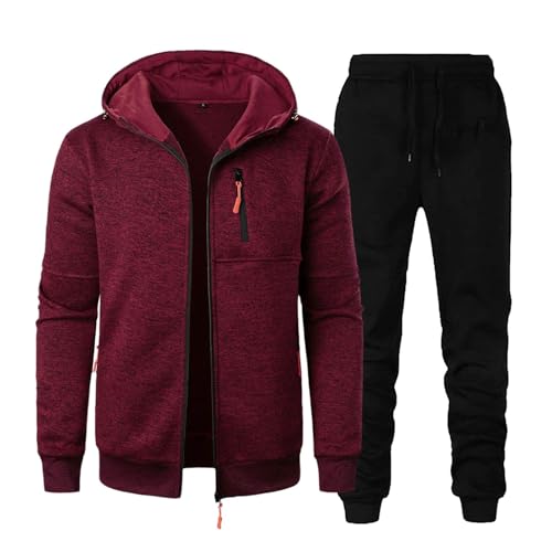 Generisch Chándal para hombre, chándal deportivo, traje de ocio, conjunto de ropa deportiva para hombre, fitness, informal, jacquard, sudadera con capucha, conjunto de cárdigan, rojo, M