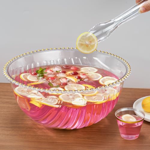 NiHome Large Plastic Punch Bowl with Ladle, Tongs and 25 Gold-Rimmed Cups for Wedding, Birthday, BBQ, Baby Shower, Holiday, 1.7 Gallon Reusable Clear Party Bowl Set for Drinks, Salads, Snacks & More - Image 5